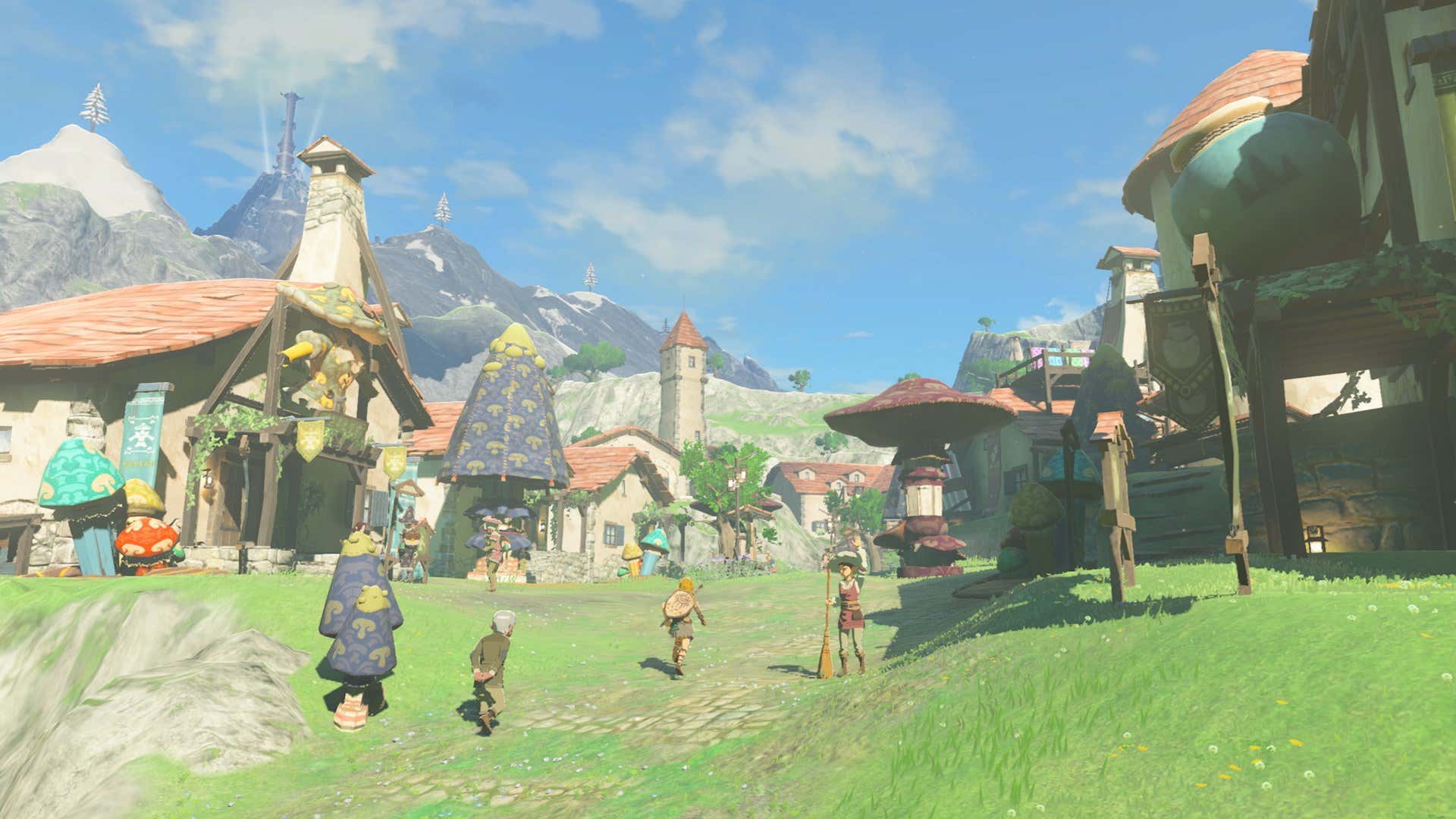 Link explores a colorful village in Tears of the Kingdom